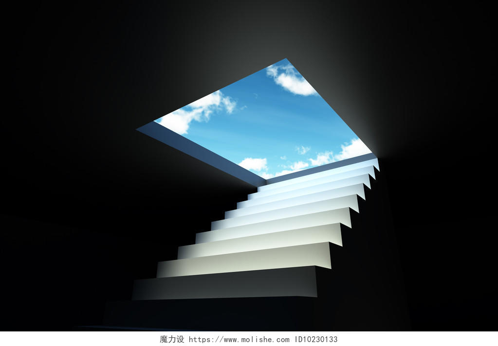 蓝天白云白色楼梯从黑暗到蓝天白云